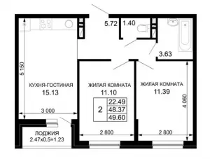 2-х комнатная квартира 49.6 ЖК «Новые сезоны»