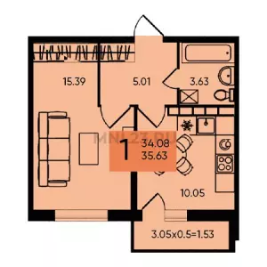 1-комнатная квартира 35.63 м² в ЖК «Сармат»