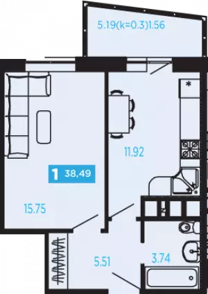 1-комнатная квартира 38.49 ЖК «Современник»