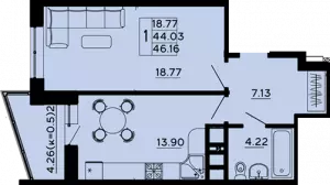 1-комнатная квартира 46.16 м² в ЖК «Современник»