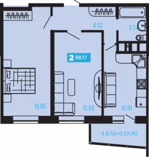 2-х комнатная квартира 58.17 ЖК «Современник»