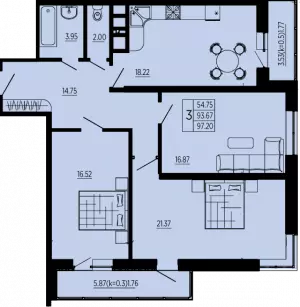 3-х комнатная квартира 97.2 м² в ЖК «Современник»