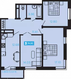 3-х комнатная квартира 74.92 ЖК «Современник»