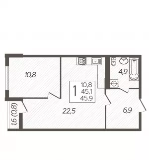 1-комнатная квартира 45.9 м² в ЖК «Спортивный парк»