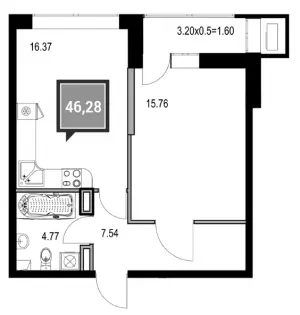 1-комнатная квартира 46.28 м² в ЖК «Стрижи»