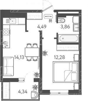 1-комнатная квартира 36.93 м² в ЖК «Теплые Края»