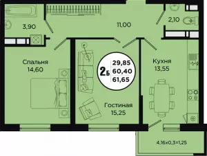 2-х комнатная квартира 61.65 ЖК «Тополиная»