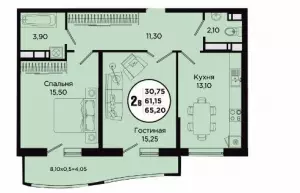 2-х комнатная квартира 65.2 м² в ЖК «Тополиная»