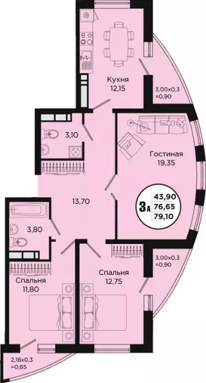 3-х комнатная квартира 79.1 ЖК «Тополиная»