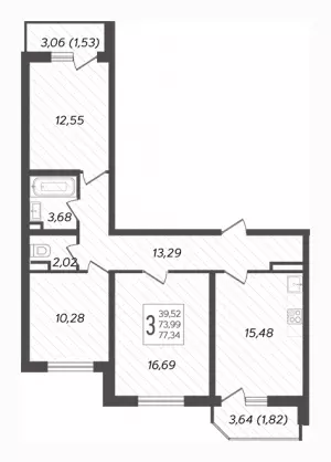 3-х комнатная квартира 77.34 м² в ЖК «Урал»