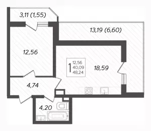 1-комнатная квартира 48.24 ЖК «Урал»