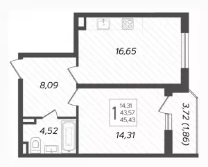 1-комнатная квартира 45.43 м² в ЖК «Урал»