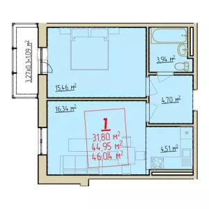 1-комнатная квартира 46.04 м² в ЖК «Вектор»