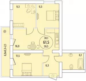 3-х комнатная квартира 62 ЖК «ВиноградЪ»