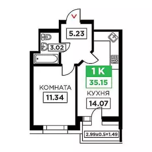 1-комнатная квартира 35.15 м² в ЖК «Время»