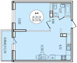 1-комнатная квартира 45.1 м² в ЖК «Все Свои»