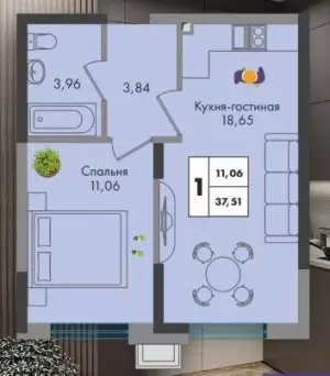 1-комнатная квартира 37.51 ЖК «Зеленая территория»