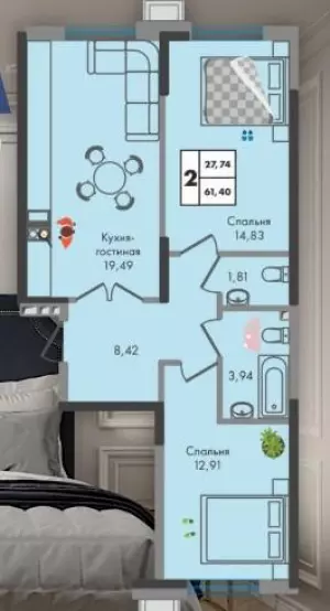 2-х комнатная квартира 61.4 ЖК «Зеленая территория»