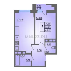 1-комнатная квартира 46.17 м² в ЖК «Жилой квартал»