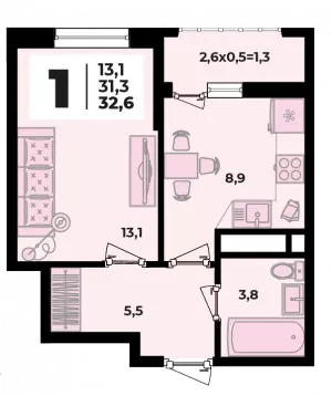 1-комнатная квартира 32.6 ЖК «Родной Дом 5»