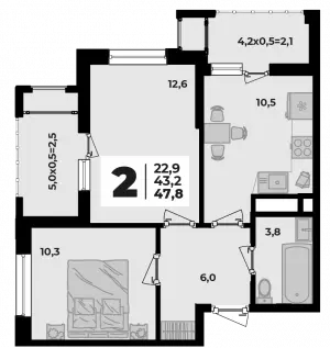 2-х комнатная квартира 47.8 м² в ЖК «Родной Дом 5»