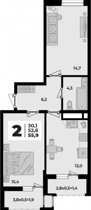 2-х комнатная квартира 55.9 м² в ЖК «Родной Дом 5»